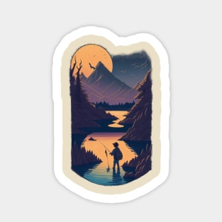 Fishing in a river with a sunset view artwork Sticker